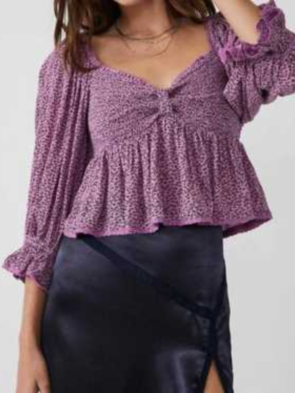 Free People Brittnee Printed Smocked Peplum Top - Purple Ditsy Floral Blouse